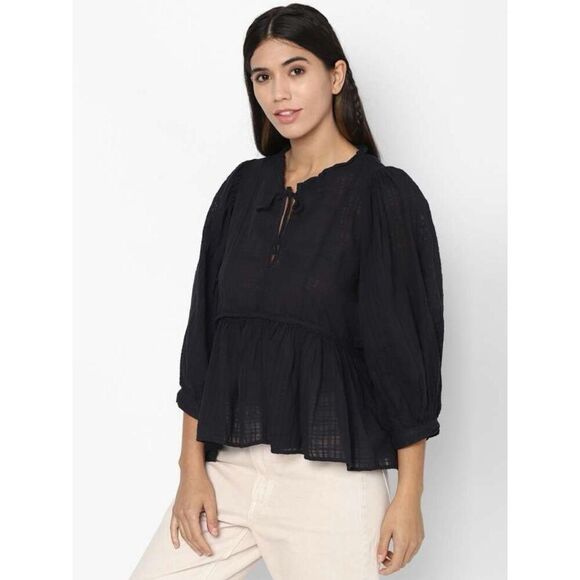 ✨AMERICAN EAGLE WOMEN BLACK LONG-SLEEVE PEASANT SZ MEDIUM BLOUSE✨ - Picture 3 of 10